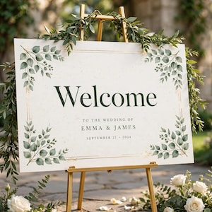 May include: A rectangular wedding welcome sign on a gold easel, featuring the text Welcome to the wedding of Emma & James September 21 2024. The white sign has gold border lines and green eucalyptus leaf illustrations in each corner.