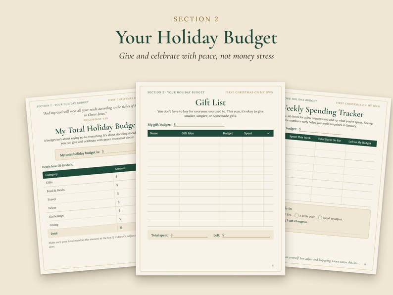 May include: Three off-white pages from a holiday budget planner featuring dark green text and headers. The pages include sections titled Your Holiday Budget, My Total Holiday Budget, Gift List, and Weekly Spending Tracker with blank lines.