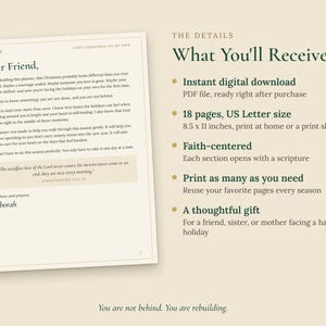May include: A digital planner document titled Dear Friend with 18 pages in US Letter size, 21.59 by 27.94 cm. The text includes a faith-centred message, scripture from Lamentations 3:22-23, and a signature from Deborah. The layout is beige with dark green text.