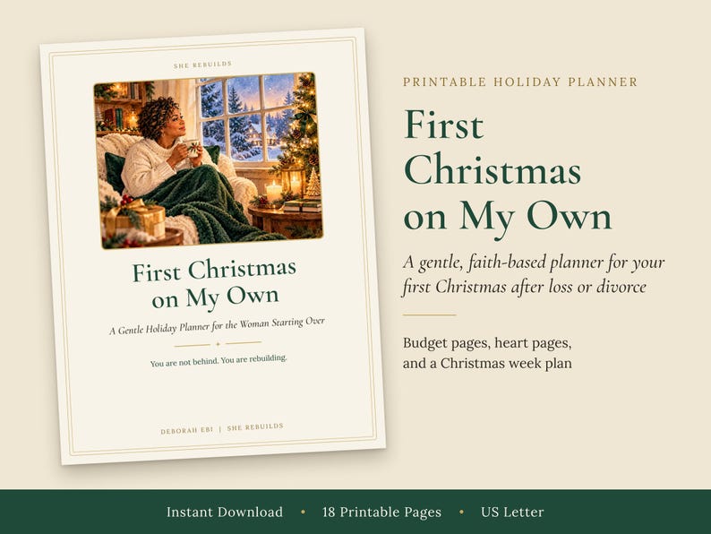 May include: A printable holiday planner titled First Christmas on My Own. The cover features an illustration of a person sitting in a chair with a blanket, holding a mug by a window with a Christmas tree. Text includes budget and heart pages.