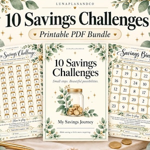 Könnte beinhalten: Ein druckbares PDF-Paket mit dem Titel 10 Savings Challenges, bestehend aus drei Seiten mit botanischen Blattbordüren. Die Seiten enthalten eine Würfel-Spar-Challenge, ein Deckblatt mit einer Münzglas-Illustration und ein Bingo-Spiel.
