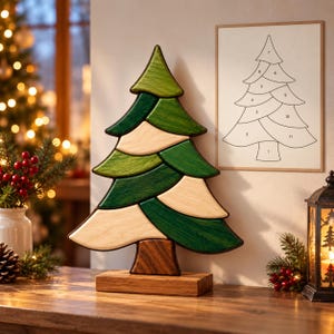Patrón de intarsia para árbol de Navidad en formato SVG y PDF, plantilla para sierra de calar para principiantes, decoración navideña en madera, plan de carpintería navideña, descarga digital.