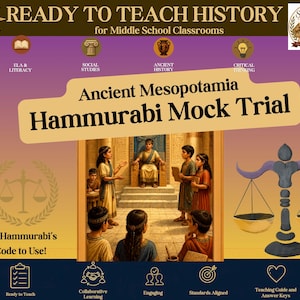 May include: Educational resource titled Ready to Teach History for Middle School Classrooms featuring Ancient Mesopotamia Hammurabi Mock Trial. Includes a central illustration of a courtroom scene, a scale of justice icon, and various subject icons.