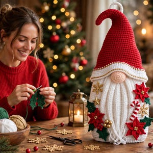 Könnte beinhalten: Eine gehäkelte Wichtelfigur mit einer hohen roten Zipfelmütze, einem weißen Bart und dekorativen Elementen wie roten Weihnachtssternen, grünen Stechpalmenblättern, einer Zuckerstange und goldenen Sternen. Die Figur hat eine runde beige Nase.