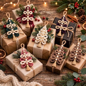 Könnte beinhalten: Eine Sammlung von Geschenkboxen in braunem und schwarzem Papier, jeweils verziert mit einem handgefertigten Makramee-Weihnachtsbaumschmuck. Die Anhänger bestehen aus geschlungenen Kordeln, weißen Perlen und einer kleinen Quaste.