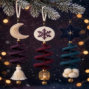 Celestial Spiral Wind Spinner Trio Crochet Pattern PDF Moon Snowflake Star Lantern Tassel Pompom Christmas Window Decor