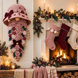 Könnte beinhalten: Ein gehäkelter Wichtel als Wandbehang in Altrosa, verziert mit Stoffrosen, Samtschleifen und kleinen goldenen Glöckchen. Daneben hängen drei gestrickte Weihnachtsstrümpfe in Rosa, Bordeaux und Creme an einem Kaminsims mit Tannengrün.