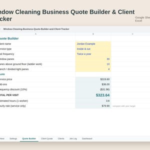 Pode incluir: Uma planilha digital intitulada Window Cleaning Business Quote Builder & Client Tracker para Google Sheets e Excel. A interface exibe um gerador de orçamentos com campos para nome do cliente, tipo de serviço e totais.