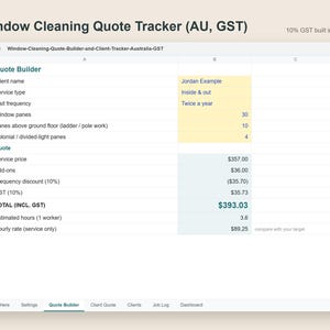 May include: A digital spreadsheet titled Window Cleaning Quote Tracker (AU, GST) featuring a Quote Builder section with fields for client name, service type, visit frequency, window panes, and a calculated total of $393.03 including GST.