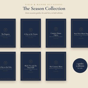 May include: Seven dark blue rectangular guides titled The Season Collection by Field & Manor Occasions. Each guide features gold-toned borders and text detailing specific events like The Regatta, Tennis, Opera, Shoot Day, Polo, Hunt Ball, and Country Show.