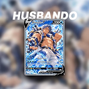 Peut inclure: Une carte à collectionner Blastoise V représentant un personnage aux cheveux bleus avec des canons sur le dos, entouré d'effets d'eau. La carte affiche 220 PV, les attaques Water Gun et Torrential Cannon, et le texte HUSBANDO.