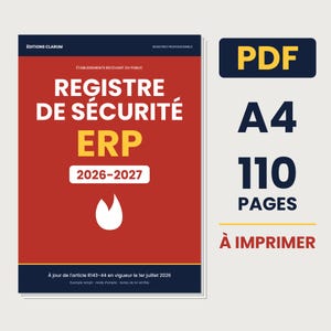 Op de afbeelding: Een digitaal PDF-document getiteld Registre de Sécurité ERP 2026-2027 met een rode omslag, witte tekst en een vlamicoon. Het document is A4-formaat, bevat 110 pagina's en is bedoeld om te printen. Het bevat verwijzingen naar artikel R143-44.