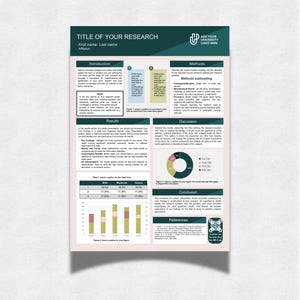 Puede incluir: Una plantilla de póster de investigación con un encabezado verde azulado oscuro con espacio para título, nombre y logotipo. El diseño incluye secciones para introducción, objetivo, métodos, resultados, discusión, conclusión y referencias, con gráficos.