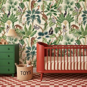 Exotic Leopard Monkey Wallpaper | Maximalist Tropical Bird Mural, Statement Decor, Peel and Stick