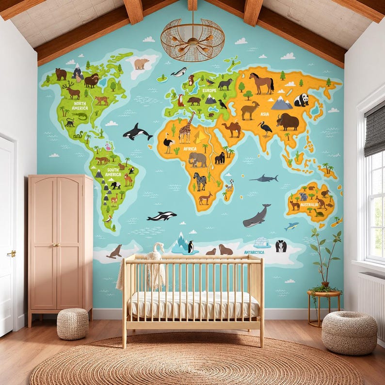 Animal World Map Wallpaper | Colorful Kids Continents Mural, Blue Ocean ...