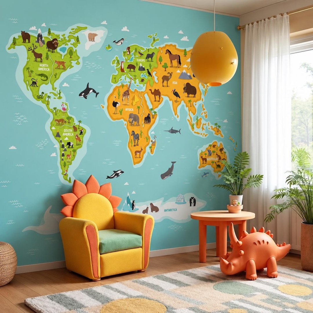 Animal World Map Wallpaper | Colorful Kids Continents Mural, Blue Ocean ...