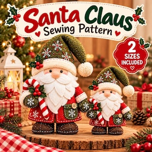 May include: A sewing pattern for two Santa Claus dolls in different sizes. The dolls feature green hats with white snowflake embroidery, white beards, red coats with green pockets, and brown boots. Each holds a red and white striped candy cane.