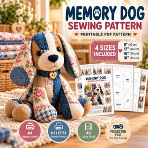 Naaipatroon voor een herinneringshond (PDF), Patroon voor een herinneringshond, Patroon voor een aandenkenhond, Patroon voor een patchwork knuffelhond