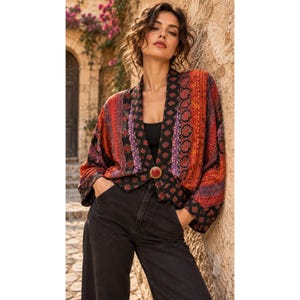 Vintage Carole Little Cropped Jacket Boho Patchwork Tapestry Artwear Blazer