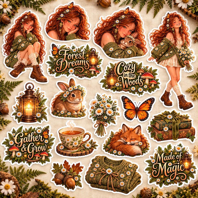 Draw Magical Rabbits 50 Cottagecore Forest Stickers | Enchanted Woodland PNG Pack (digital ...