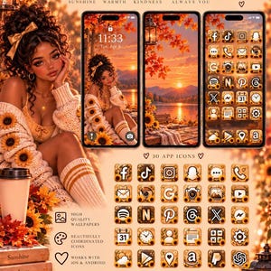 Sunflower Autumn Phone Theme for iPhone & Android | Amara Wallpapers and 30 App Icons