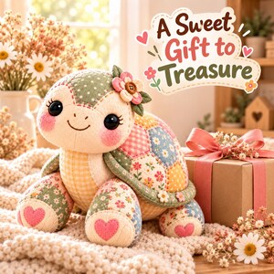 Patchwork turtle plush beside a wrapped gift box and flowers. A sweet handmade gift for baby showers, birthdays, nurseries or as a bereavement keepsake.