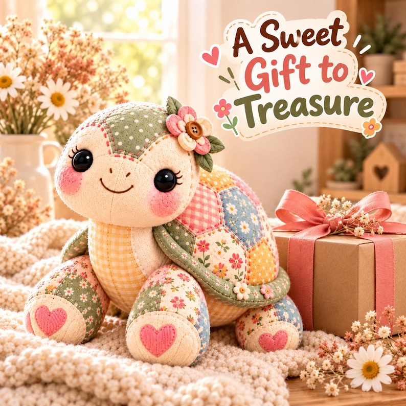 Patchwork turtle plush beside a wrapped gift box and flowers. A sweet handmade gift for baby showers, birthdays, nurseries or as a bereavement keepsake.