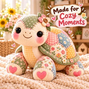 Cute stuffed turtle plush with pink cheeks, fabric flower and patchwork shell in a sunny room with sunflowers. Keepsake turtle toy made from a printable sewing pattern.