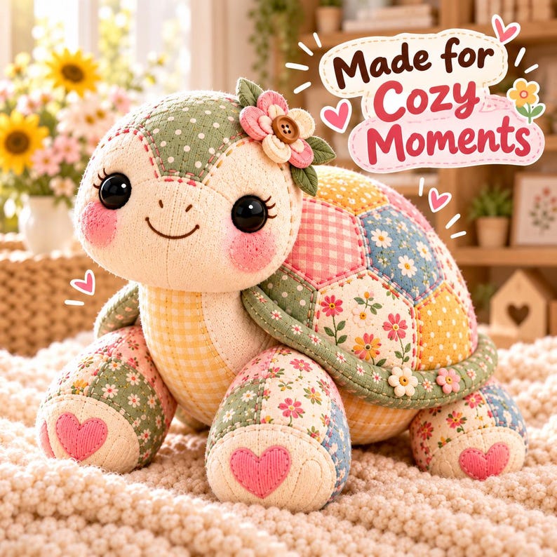 Cute stuffed turtle plush with pink cheeks, fabric flower and patchwork shell in a sunny room with sunflowers. Keepsake turtle toy made from a printable sewing pattern.