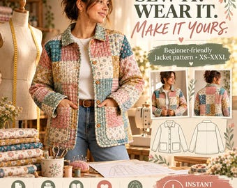Puede incluir: Un patrón de chaqueta acolchada con diseño de patchwork, con estampados florales y geométricos en tonos suaves de rosa, azul y crema. El patrón incluye instrucciones para tallas de la XS a la XXXL, un boceto técnico y una descarga en PDF.