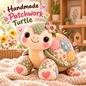 Handmade patchwork turtle plush sewn from floral, gingham and polka dot fabric scraps, sitting on a cozy knit blanket. Stuffed turtle softie made with this PDF sewing pattern.