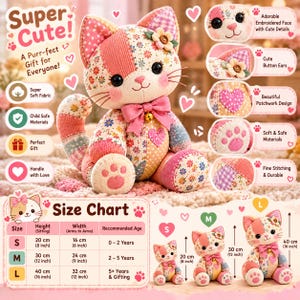 Patchwork Cat Sewing Pattern PDF | Stuffed Cat Plush Pattern | 10 Sizes 12–21 Inch | Memory Cat from Clothing | Keepsake Plush