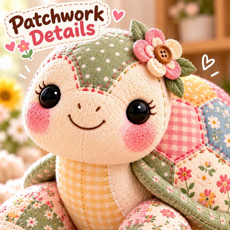 Close-up of patchwork turtle details: embroidered smiling face, button and fabric flower, and quilted shell panels in floral, gingham and polka dot fabrics.