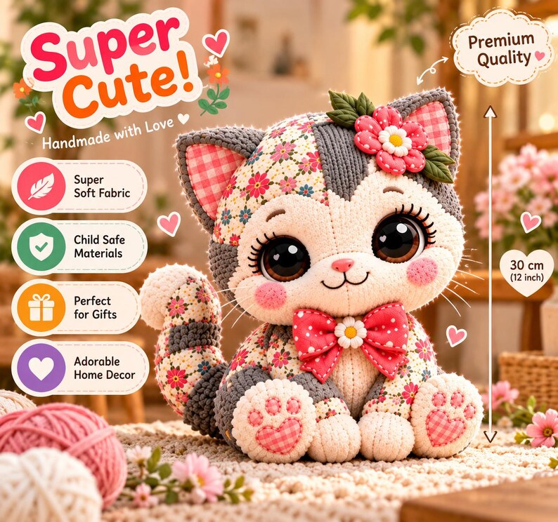 Patchwork Cat Sewing Pattern PDF | Stuffed Cat Plush Pattern | 10 Sizes 12–21 Inch | Memory Cat from Clothing | Keepsake Plush image 10