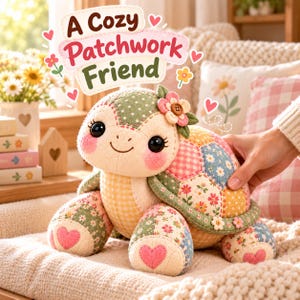 Hand holding a soft patchwork turtle plush on a cozy armchair. Memory keepsake turtle that can be sewn from baby clothes or sentimental fabric.