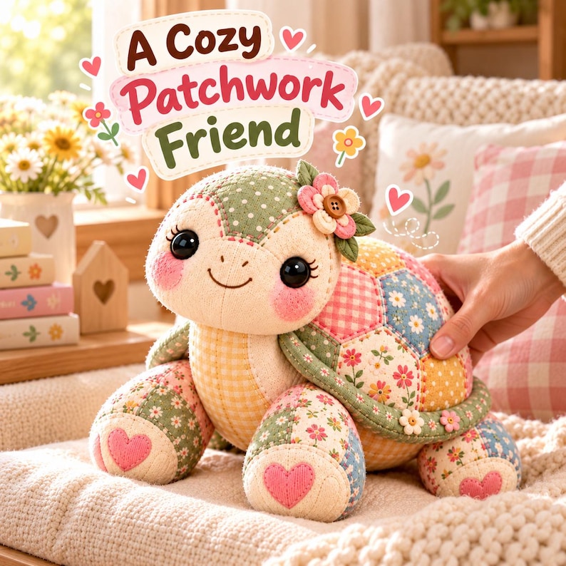 Hand holding a soft patchwork turtle plush on a cozy armchair. Memory keepsake turtle that can be sewn from baby clothes or sentimental fabric.