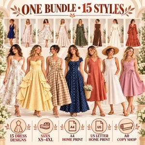 May include: A digital collection of 15 dress designs featuring various styles, lengths, and patterns including floral, gingham, and solid colours. The image includes text stating ONE BUNDLE 15 STYLES, 15 DRESS DESIGNS, SIZES XS-4XL, A4 HOME PRINT, US LETTER HOME PRINT, and A0 COPY SHOP.