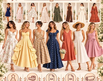 15 Dress Sewing Patterns Bundle PDF, Women's Maxi Midi Sundress Pattern, Cottagecore Dress, Plus Size XS-4XL, A4 US Letter A0