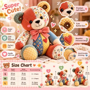 Memory Bear Sewing Pattern PDF | Keepsake Teddy Bear Pattern | 10 Sizes 12-21 Inch | Memorial Bear from Clothing | Patchwork | Bunny & Cat