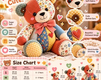 Puede incluir: Un oso de peluche de patchwork con diseño de tela floral y de cuadros vichy, ojos y orejas de botón, un lazo rosa y un parche de corazón. La imagen incluye una tabla de tallas que muestra alturas de 20, 30 y 40 cm para los tamaños disponibles.