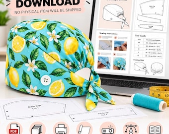Scrub Cap Pattern Unisex PDF, Oversized Scrub Hat Sewing Pattern, Surgical Cap with Ties, Nurse Cap Pattern XS-XL, Instant Download