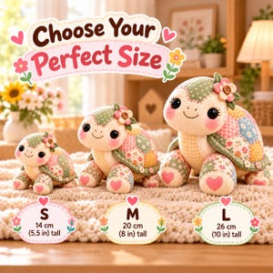 Three patchwork turtle plush toys in small, medium and large sizes side by side. Choose your size: S 14 cm, M 20 cm and L 26 cm tall.