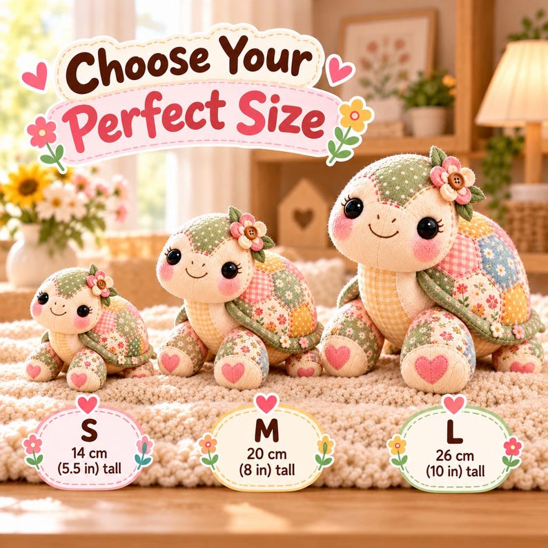 Three patchwork turtle plush toys in small, medium and large sizes side by side. Choose your size: S 14 cm, M 20 cm and L 26 cm tall.
