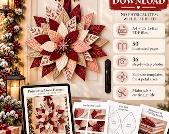 Poinsettia Door Hanger Sewing Pattern PDF, Quilted Christmas Wreath, Holiday Front Door Decor