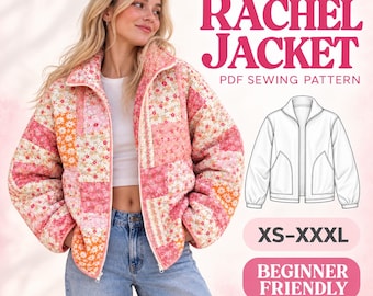 Puede incluir: Una chaqueta de patchwork con un estampado floral en tonos rosa, naranja y blanco. El texto dice RACHEL JACKET PDF SEWING PATTERN, XS-XXXL y BEGINNER FRIENDLY. Se incluye un dibujo lineal en blanco y negro del diseño de la chaqueta.