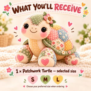 Finished patchwork turtle plush shown in small, medium and large size options, sewn with this PDF pattern.