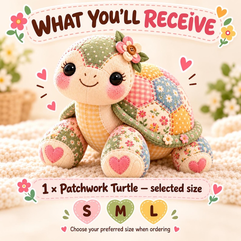 Finished patchwork turtle plush shown in small, medium and large size options, sewn with this PDF pattern.