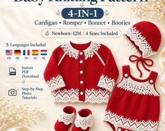 Baby Knitting Pattern Bundle PDF, Cardigan Romper Bonnet Booties Set, Newborn to 12 Months