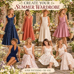 May include: A collection of eight diverse dresses featuring various styles including floral prints, solid colours, midi and maxi lengths, some with pockets, buttons, or tie-waists. The image includes the text CREATE YOUR SUMMER WARDROBE and 8 PDF PATTERNS XS-4XL.