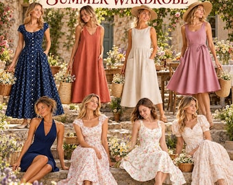 Women's Summer Dresses Sewing Patterns Bundle, Cottagecore Summer Dress, Linen Sundress, XS-4XL